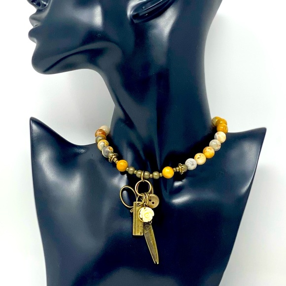 Hand Crafted Jewelry - Seamstress necklace with jasper beads antique gold